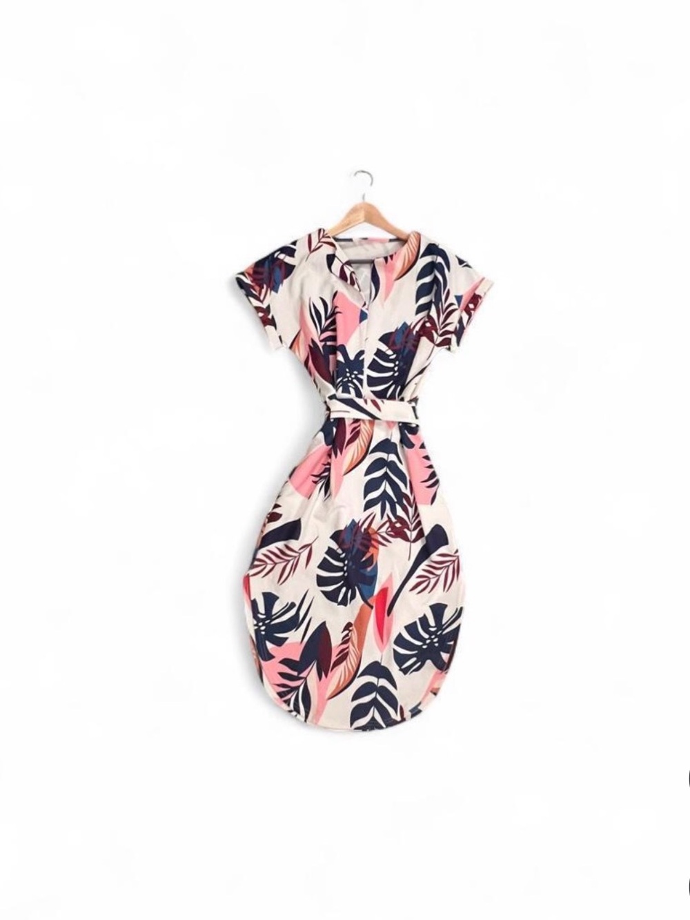 Tropical Vacation Beachy Floral  Belted Midi V-Neck summer Shirt-Dress Size 6
